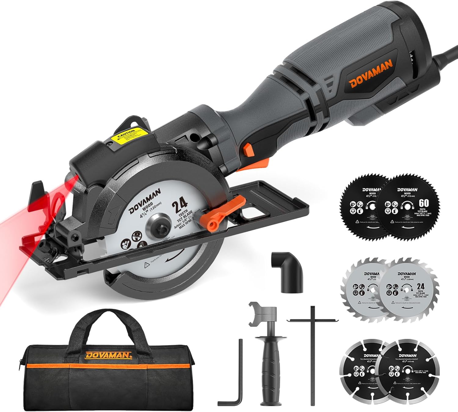 DOVAMAN Circular Saw, 5.8A 4-1/2" Circular Saw w/Laser, Metal Auxiliary Handle, 6 Blades (4½", 4¾"), Cutting Depth 1-11/16" (90°), 1-3/8" (45°), Ideal for Wood, Soft Metal, Plastic, Tile - MCS01A With Bag B-grey