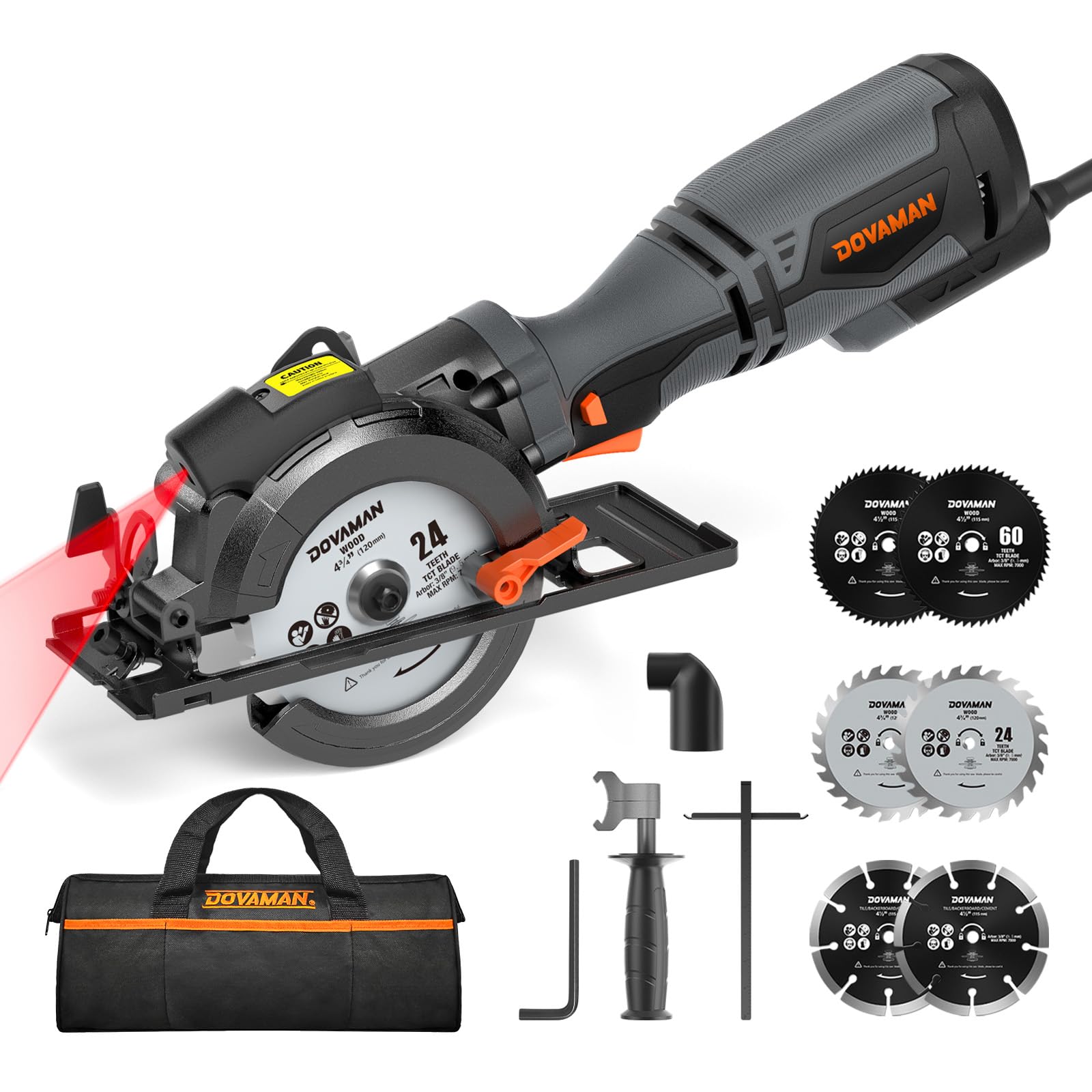 DOVAMAN Circular Saw, 5.8A 4-1/2" Circular Saw w/Laser, Metal Auxiliary Handle, 6 Blades (4½", 4¾"), Cutting Depth 1-11/16" (90°), 1-3/8" (45°), Ideal