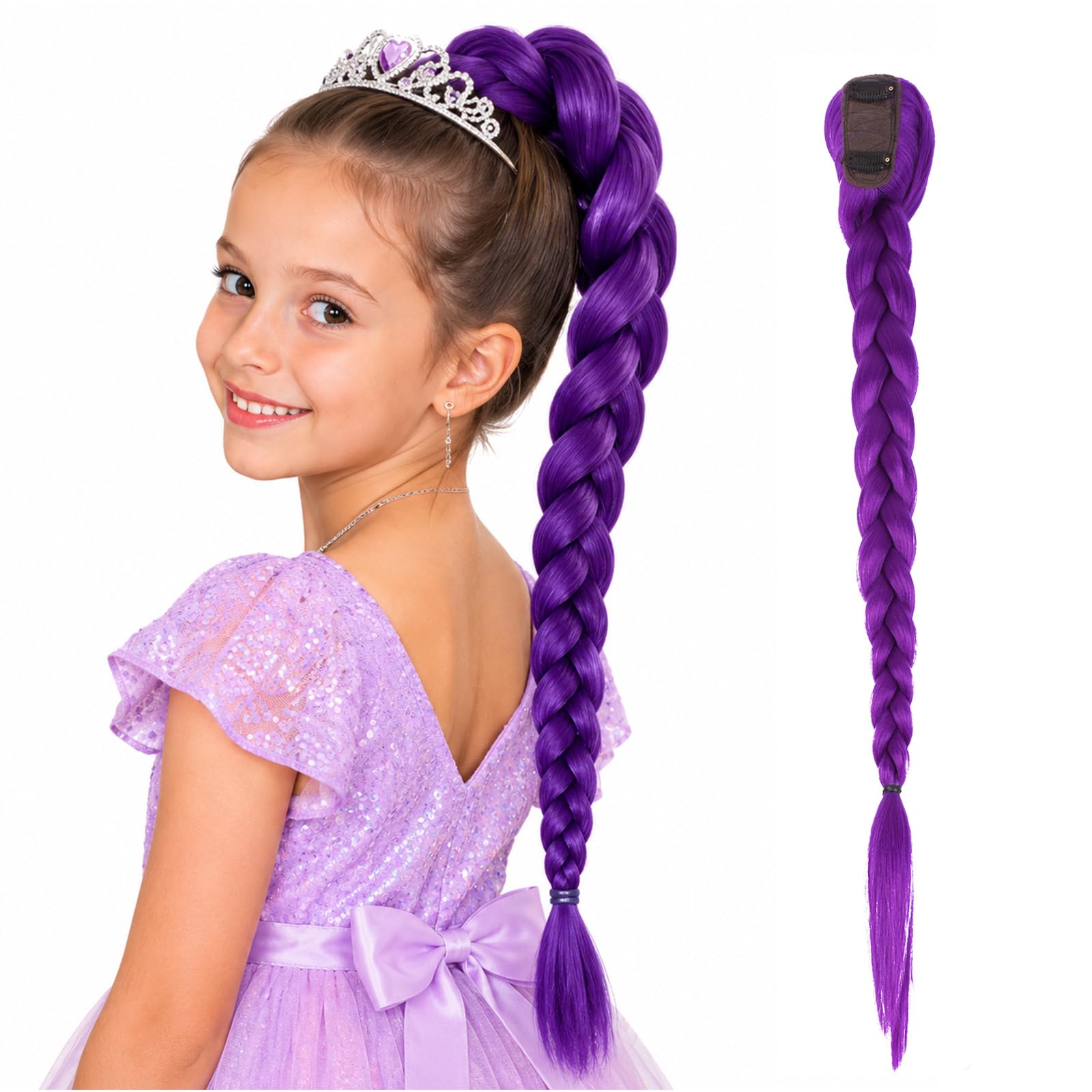 26 Inch Long Purple Braid Hair, Pre Stretched Braiding Hair, Purple Hair Extensions for Braids Easy Clip in Ponytail for Cosplay Halloween