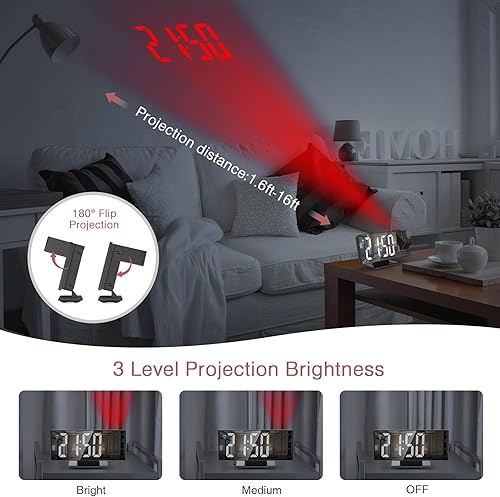 Miniatura 3 de Reloj despertador de proyección, reloj de proyección para techo de dormitorio, reloj despertador LED de 7.8 pulgadas con proyector giratorio de 180,