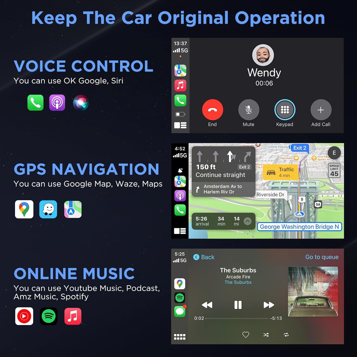 CarPlay interface showing voice control, GPS navigation, and online music