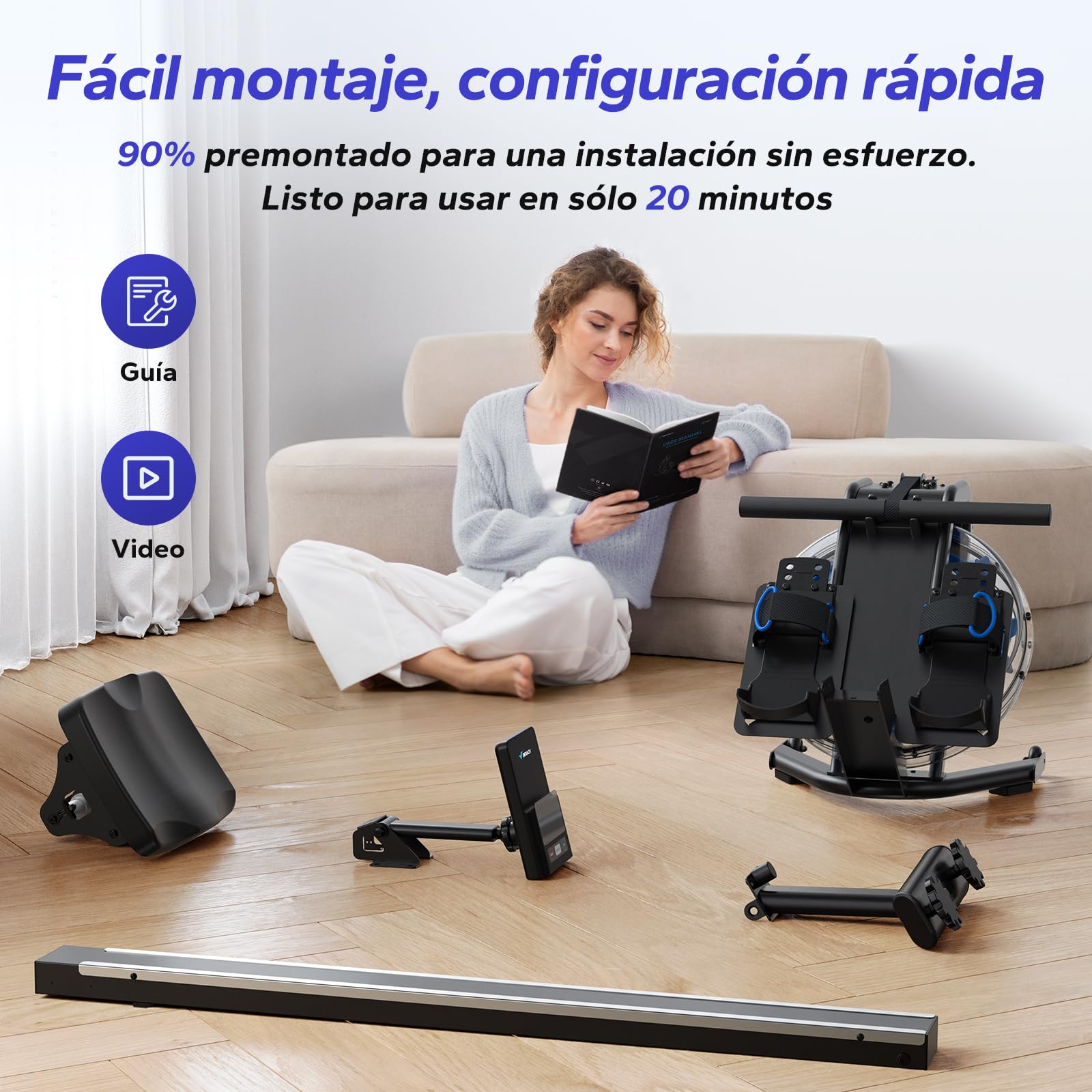 MERACH Remo de Agua para Casa, Máquina de Remo con Resistencia al Agua de 15 L, Conectividad Bluetooth y App, Soporte para iPad, Asiento Ergonómico