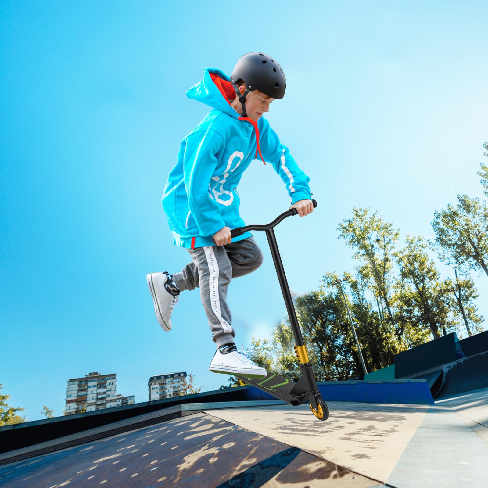KOMFOTTEU Stunt Scooter mit 2 PU Rädern, Kickscooter mit 100 kg Belastbar, Funscooter für Kinder ab 10 Jahren, Skateboard Tretroller für Anfänger und Fortgeschrittene