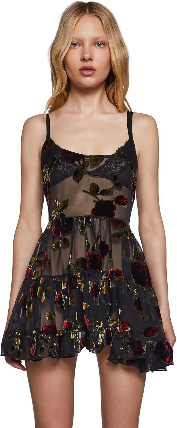 Dolls Kill Befallen Romance Mini Dress by Widow – Sheer Mesh Mini Dress with Velvet Rose Detail & Lace-Up Back