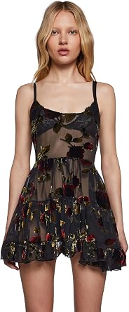 Dolls Kill Befallen Romance Mini Dress by Widow Sheer Mesh Mini Dress with Velvet Rose Detail & Lace-Up Back