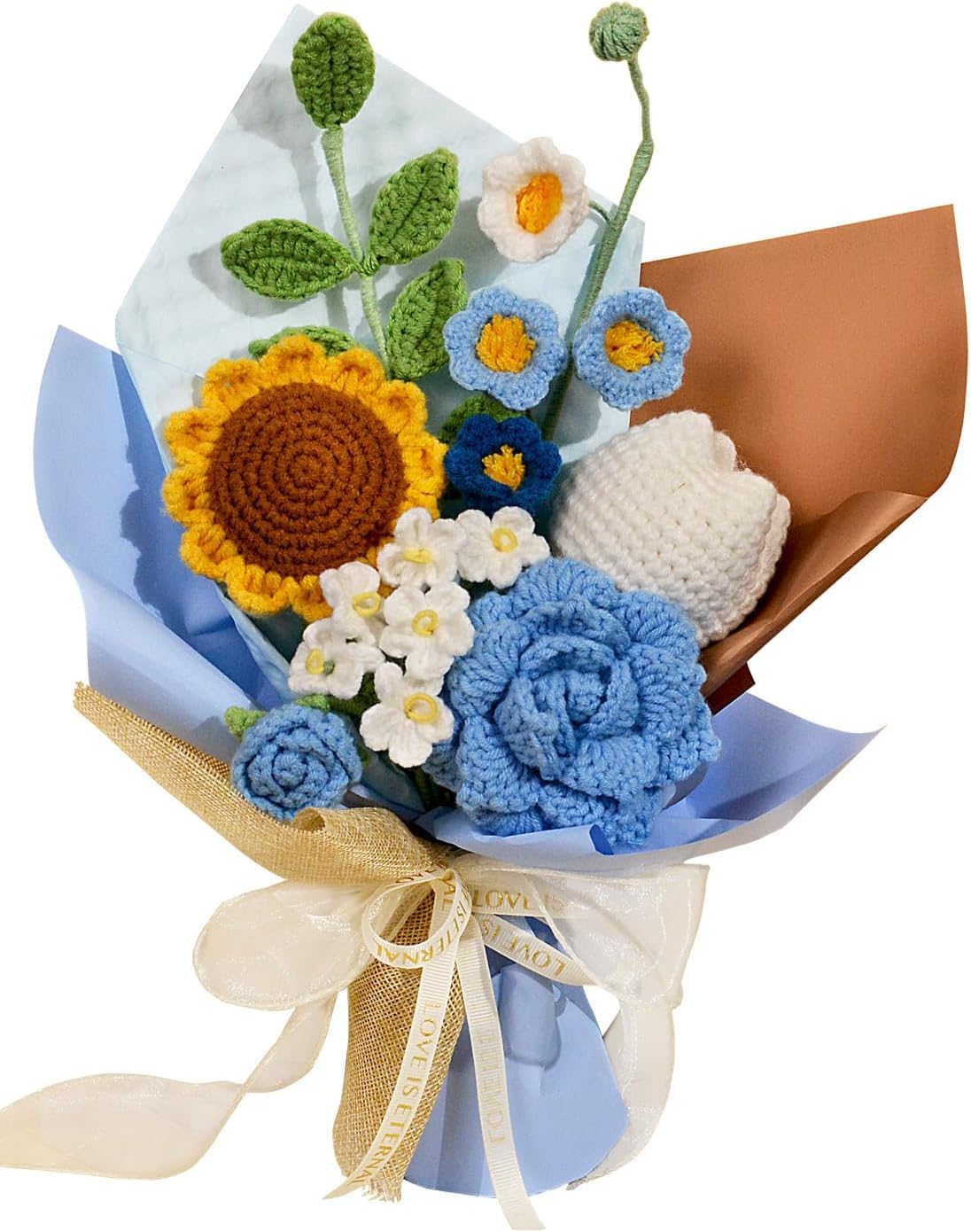 VRB Dec 1 Pcs Artificial Sunflower Teddy Crochet Flower Bouquet/Artificial Flowers Bunch/Crochet Flowers/Gift for Girls Home Decor,Gifting,etc. (Big Blue Sunflower Crochet Bouquet)-image-11