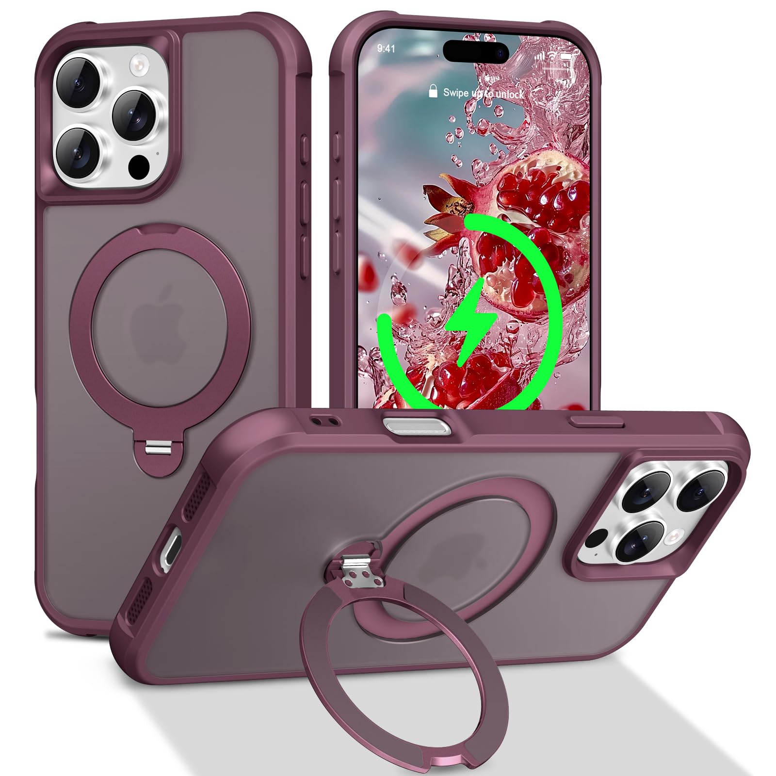 PIXIU 360°Spin Magnetic Stand for iPhone 16 Pro Max Case with Invisible Kickstand Rotatable,[Fit for Magsafe] Slim Cute Matte Translucent Shockproof