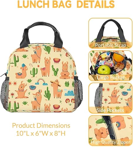 Miniatura 3 de Lonchera con diseño de llama para niños, lonchera aislada para niñas y niños, color amarillo, reutilizable, pequeña con bolsillos, bolsa de almuerzo