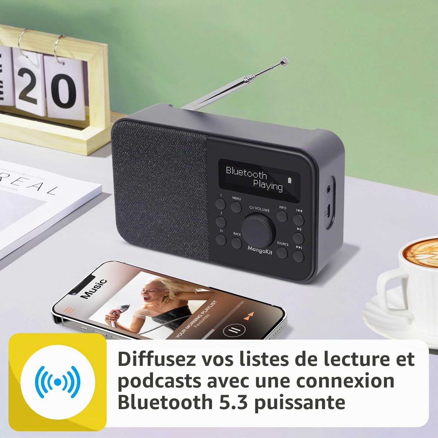 Radio Numérique DAB Portable FM Bluetooth avec Écran, Réveil, 40 Stations Préréglées - Noir