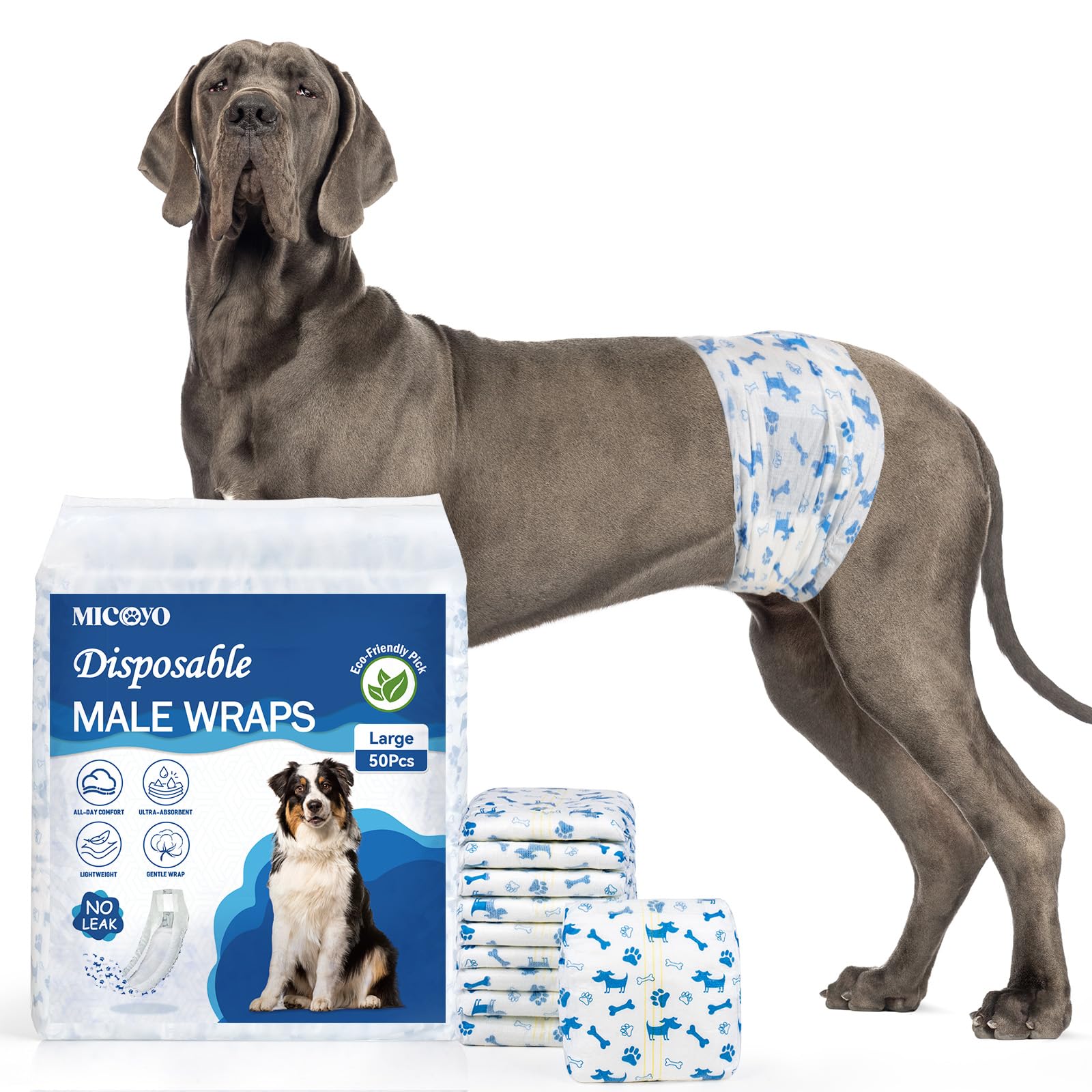 MICOOYO Dog Diapers Male Disposable Super Absorbent Male Dog Wraps Lighter Dogs Diaper Leakproof Puppy Diapers Doggie Diaper with Wetness Indicator (L