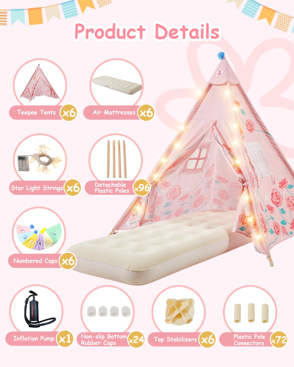 Lot de 6 Tentes Tipi pour Enfants avec Matelas Gonflables – Kit Complet Soirée Pyjama Cabane de Jeu