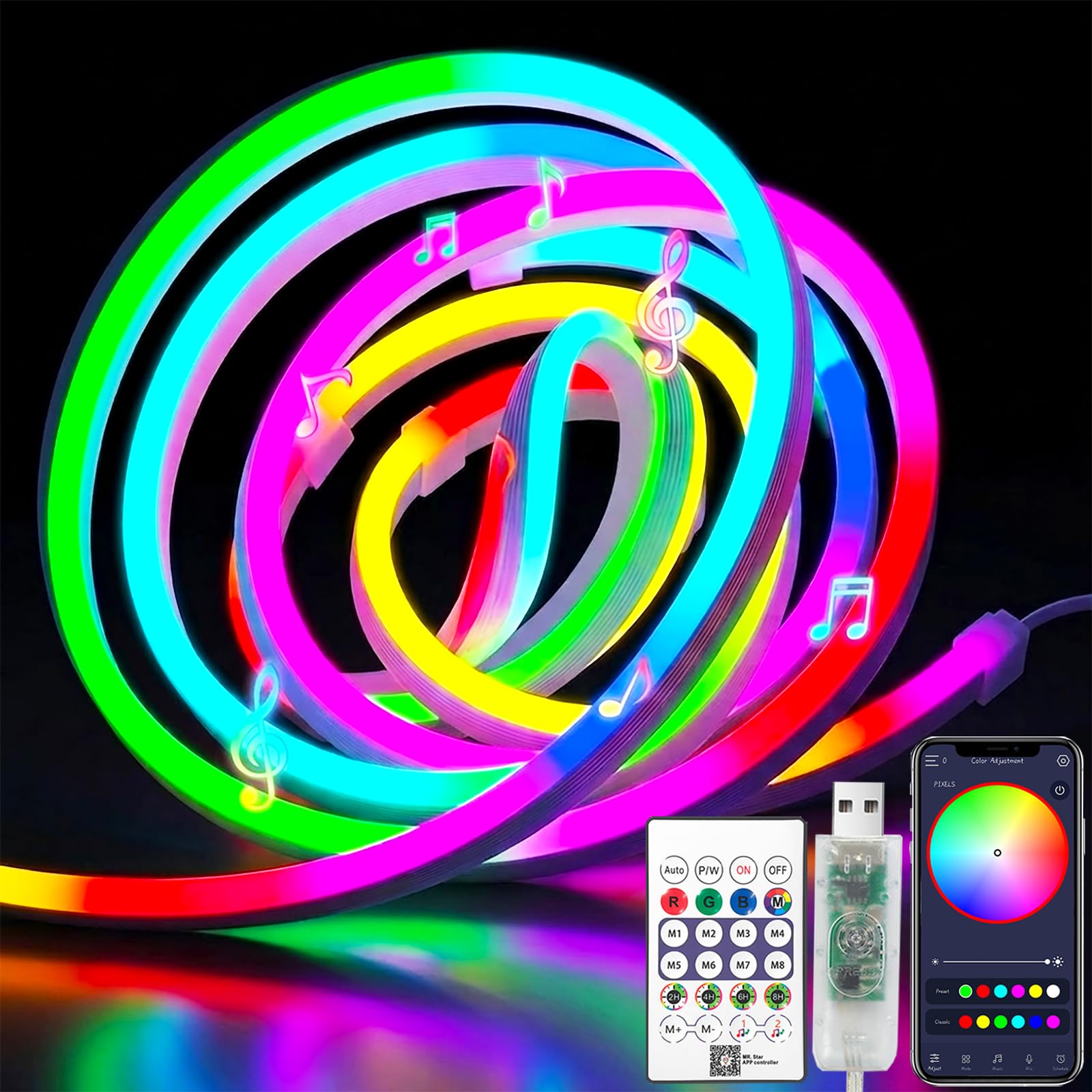 ShineBurky RGBIC Neon LED Strip Lights 10M USB Rope Light 5V Music Sync