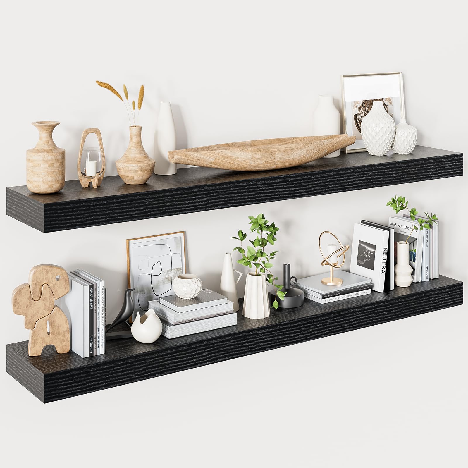 Heimlove Floating Shelves for Wall 48 Inches Long,9.3" Deep Black Floating Shelf Set of 2,Wall Mounted Wood Shelves for Bathroom Bedroom Living Room