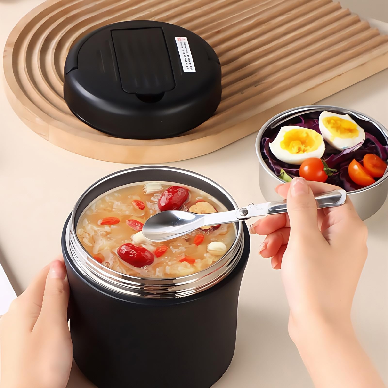 Contenitore termico per alimenti: 1,2L Contenitore termico in acciaio inox con coperchio, Thermoskanne a tenuta stagna per alimenti, Lunchbox termica per cibi (Nero)