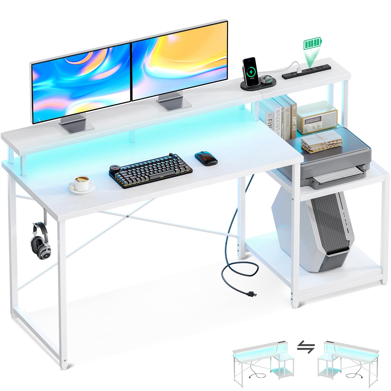 パソコンデスク ゲーミングデスク ラック&コンセントプリンター台付き(ホワイト) Amazon | AODK デスク パソコンデスク ゲーミングデスク ラック