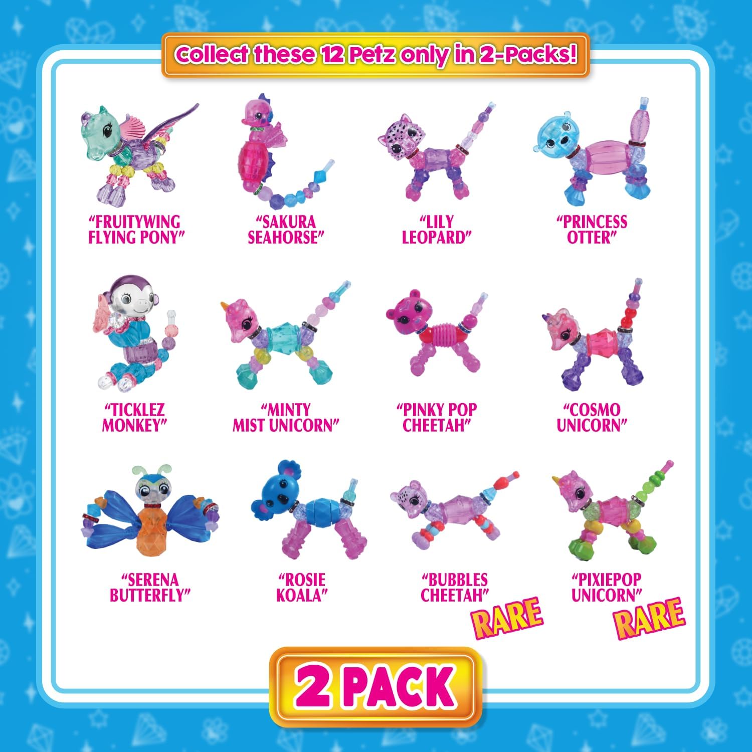 Twisty Petz Twin Pack, Twistable. Wearable and Fashionable. Sparkly gems that transform from a pet into a bracelet and back from a couple of simple twists! Includes 2, 12 to collect. Age 4+