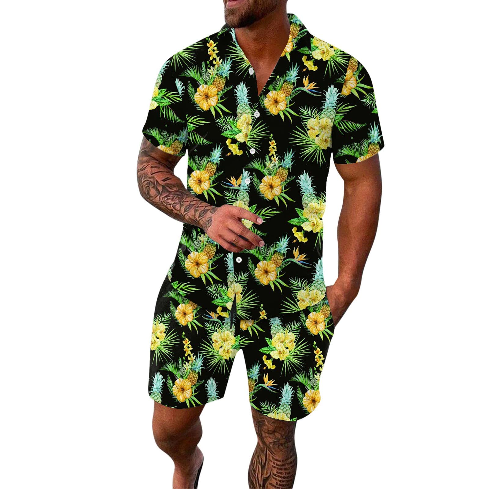 Men's Spring/summer Leisure Sports Hawaii Beach Style Stitching Stripe Print Short Sleeved Shirt Pants Two Piece Set Jogging Mens Sweat Suit
