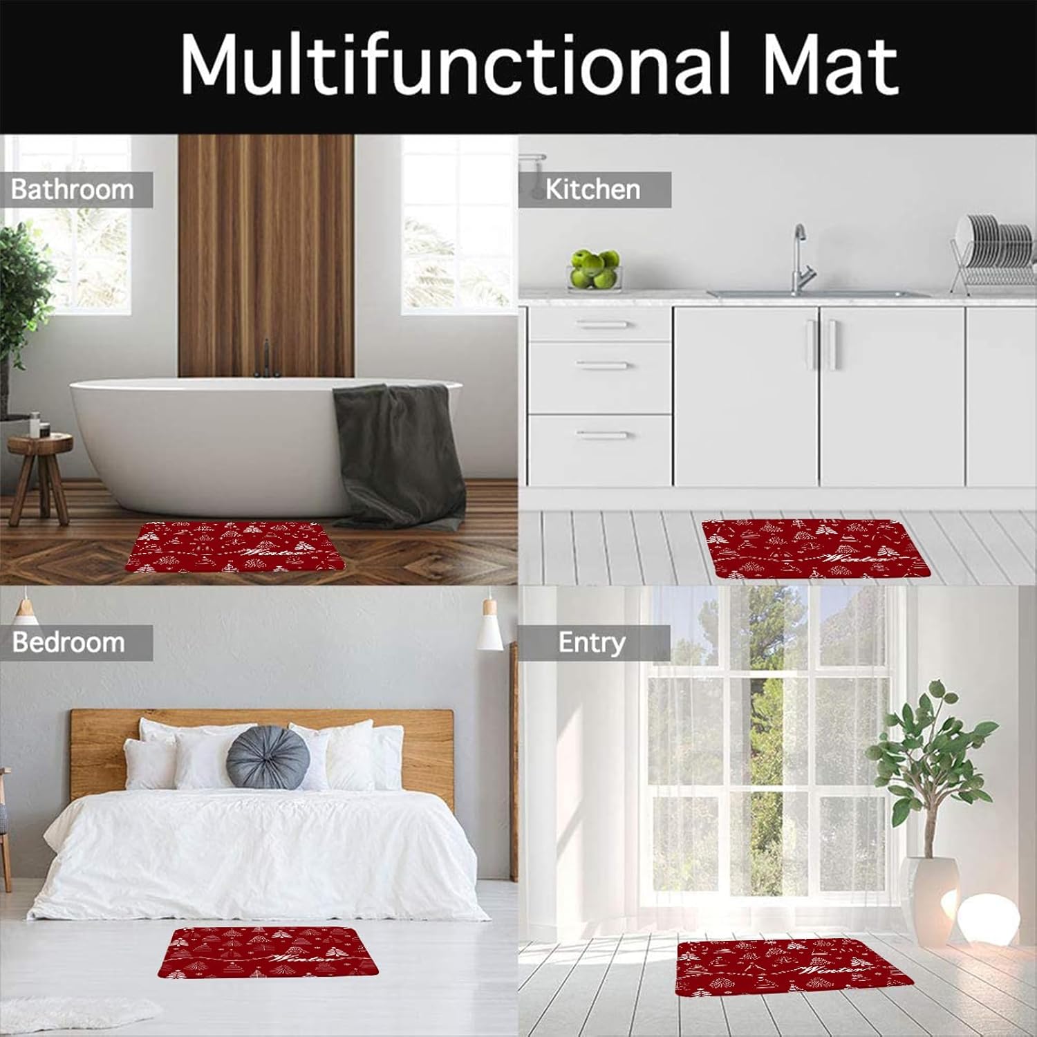 Christmas Tree Bath Mat Red Xmas Trees Snowflake Winter Holiday New Year,Red 24"x60" Microfiber Memory Foam Bathroom Kitchen Toilet Floor Decor Mat