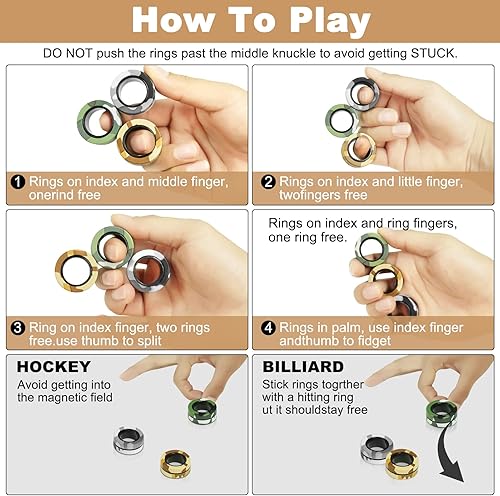 Miniatura 6 de Paquete de 9 anillos magnéticos para ansiedad, dedos magnéticos para aliviar el estrés, entrenamiento mágico de camuflaje colorido alivia la