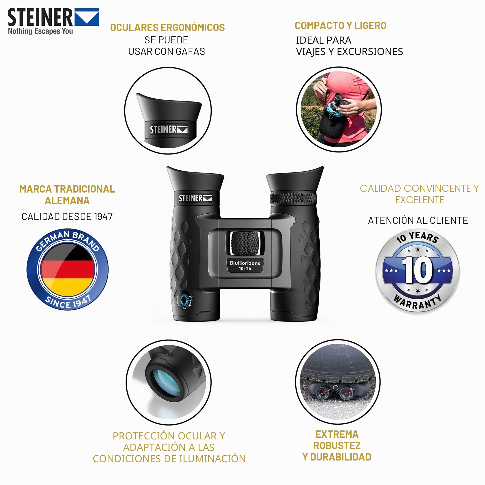 STEINER Prismáticos BluHorizons 10x26 - Óptica de Calidad Alemana, Reduce los Reflejos o el deslumbramiento del Agua, la Arena o la Nieve, Compacto y Ligero