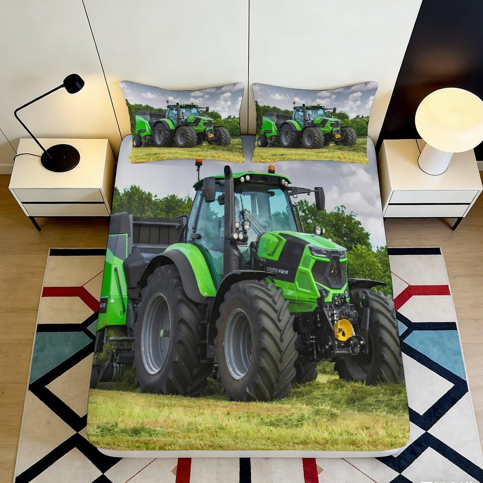 3D Printed Green Tractor Fitted Sheet Microfiber Durable Breathable Farm Vehicle Bed Cover for Bedroom Dormitory Guest Room Mattress Protector 140x200x25cm