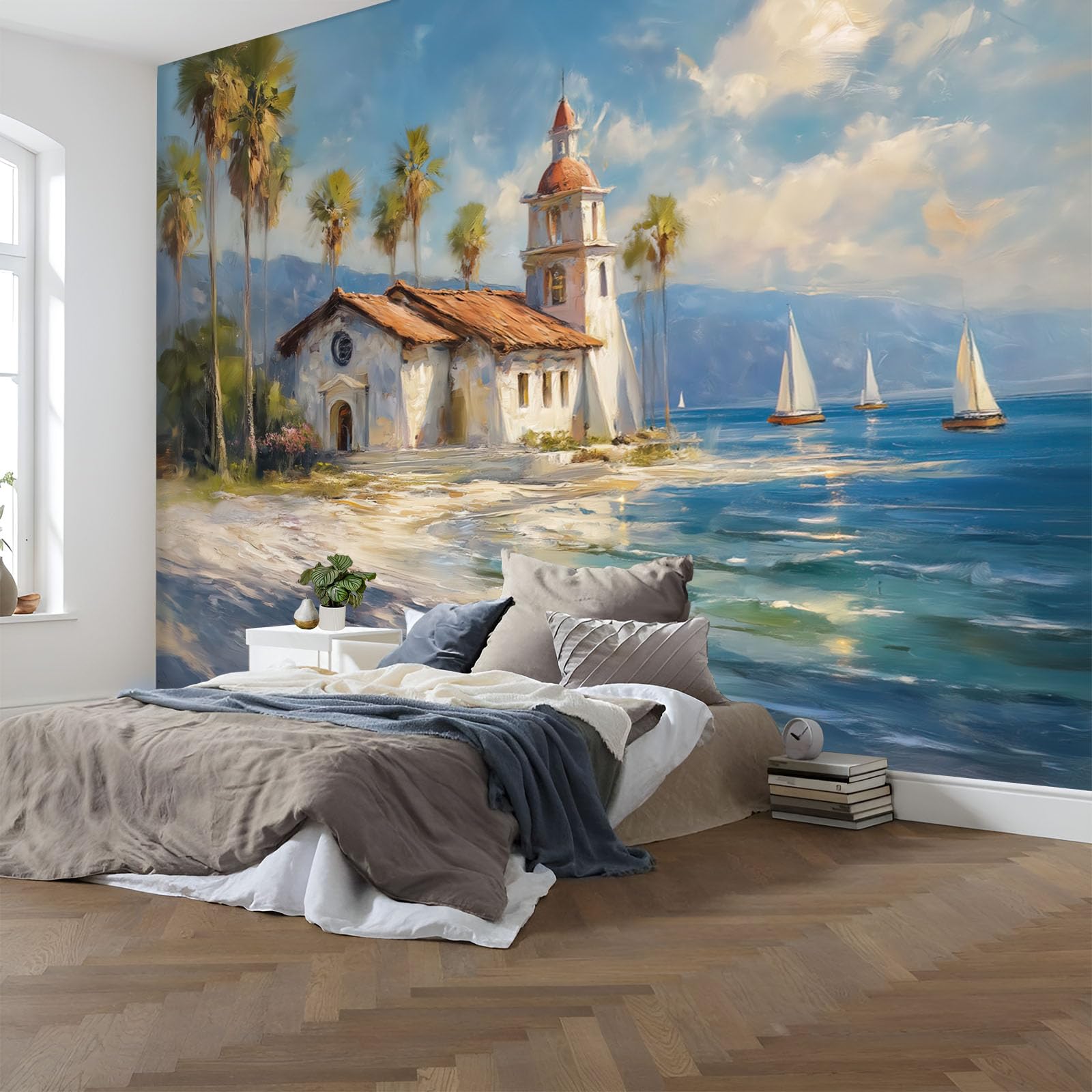 Voiliers pittoresques et palmiers en papier peint 3D pour chambre d'enfant apaisante