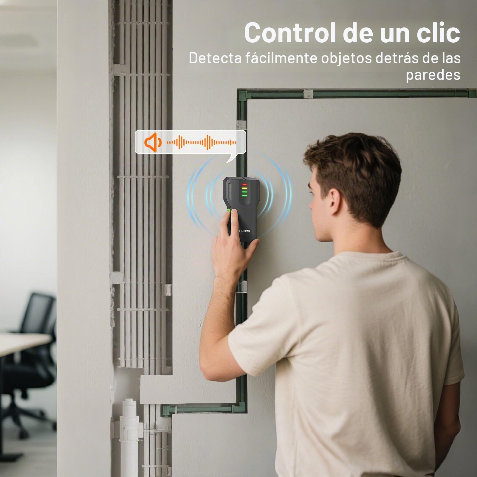 Detector Madera y Tuberias,4-1 Detector de Pared Huepar, con luz indicadora LCD de Cuatro Niveles y Zumbador, Detecta Madera, Metal, Tuberías de Agua de PVC y Materiales No Metálicos en Paredes WS02