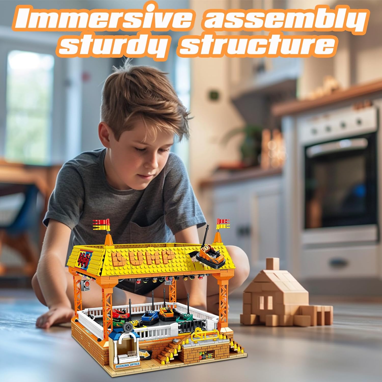 Child assembling the bumper car set, focusing on the main structure.