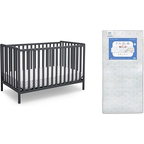 Delta Children Heartland 4-in-1 Convertible Crib, Charcoal Grey + Delta Children Twinkle Galaxy Dual Sided Recycled Fiber Core Crib and Toddler Mattress (Bundle)