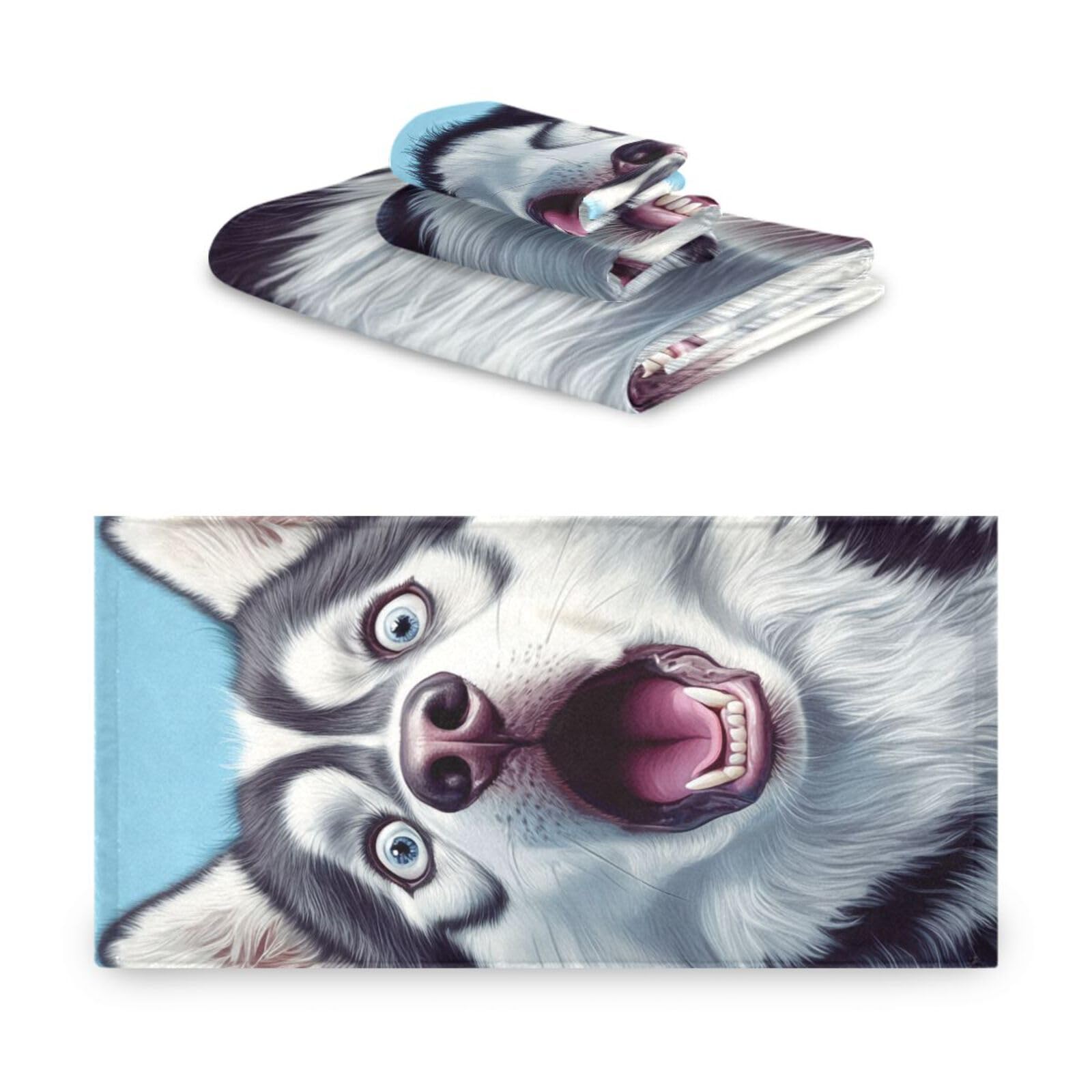 Cartoon Funny Sibirian Husky Dogs Fear Cleaning Face Towels Set, 3-teilig, 1 Badetuch, 1 Handtuch, 1 Waschlappen für Strand, Haare, Gesicht, Fitnessstudio, Schwimmen, Küche