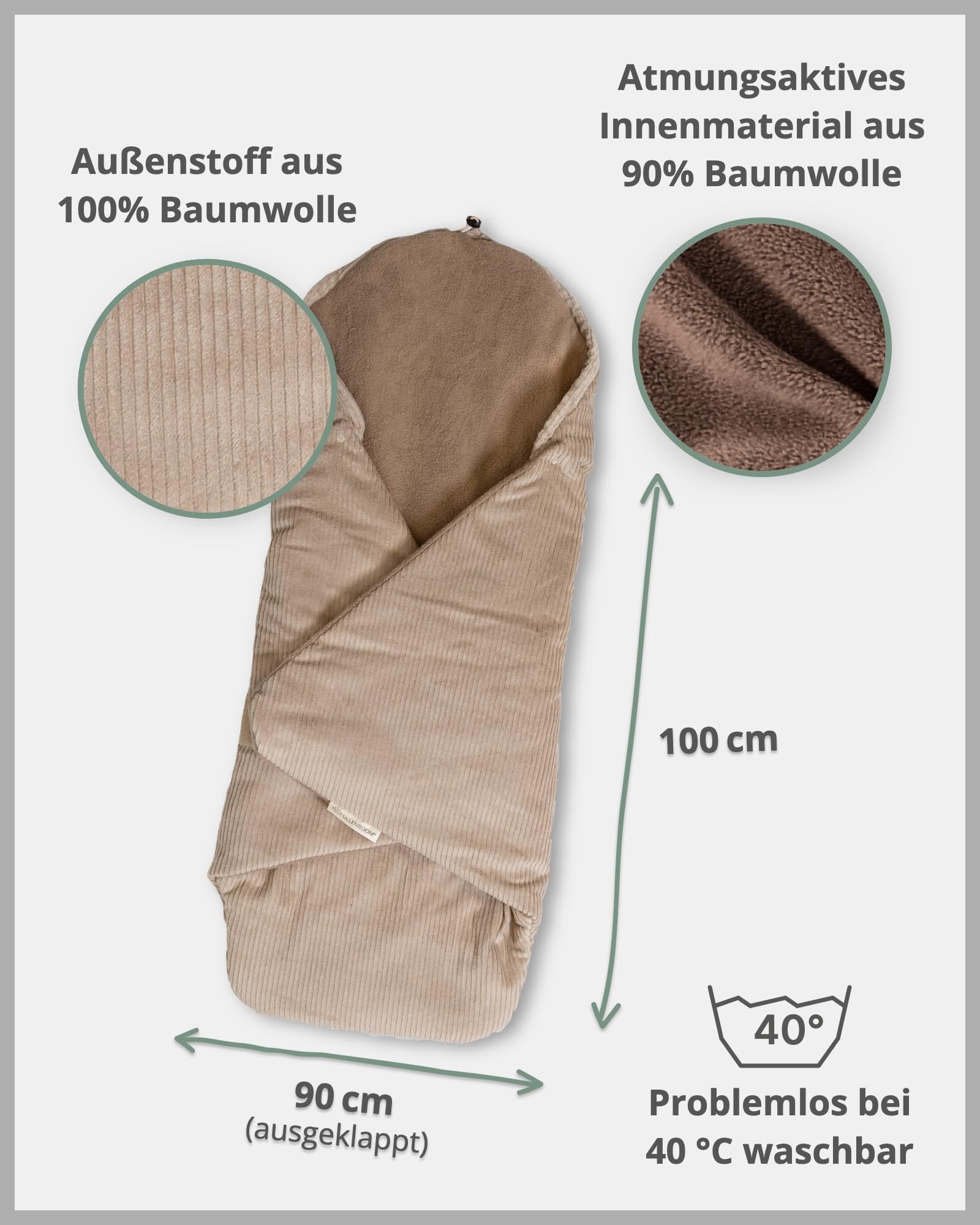 ULLENBOOM Einschlagdecke Babyschale, 100% OEKO-TEX, Cord Sand, Babydecke für Kindersitz oder Kinderwagen, Herbst Winter