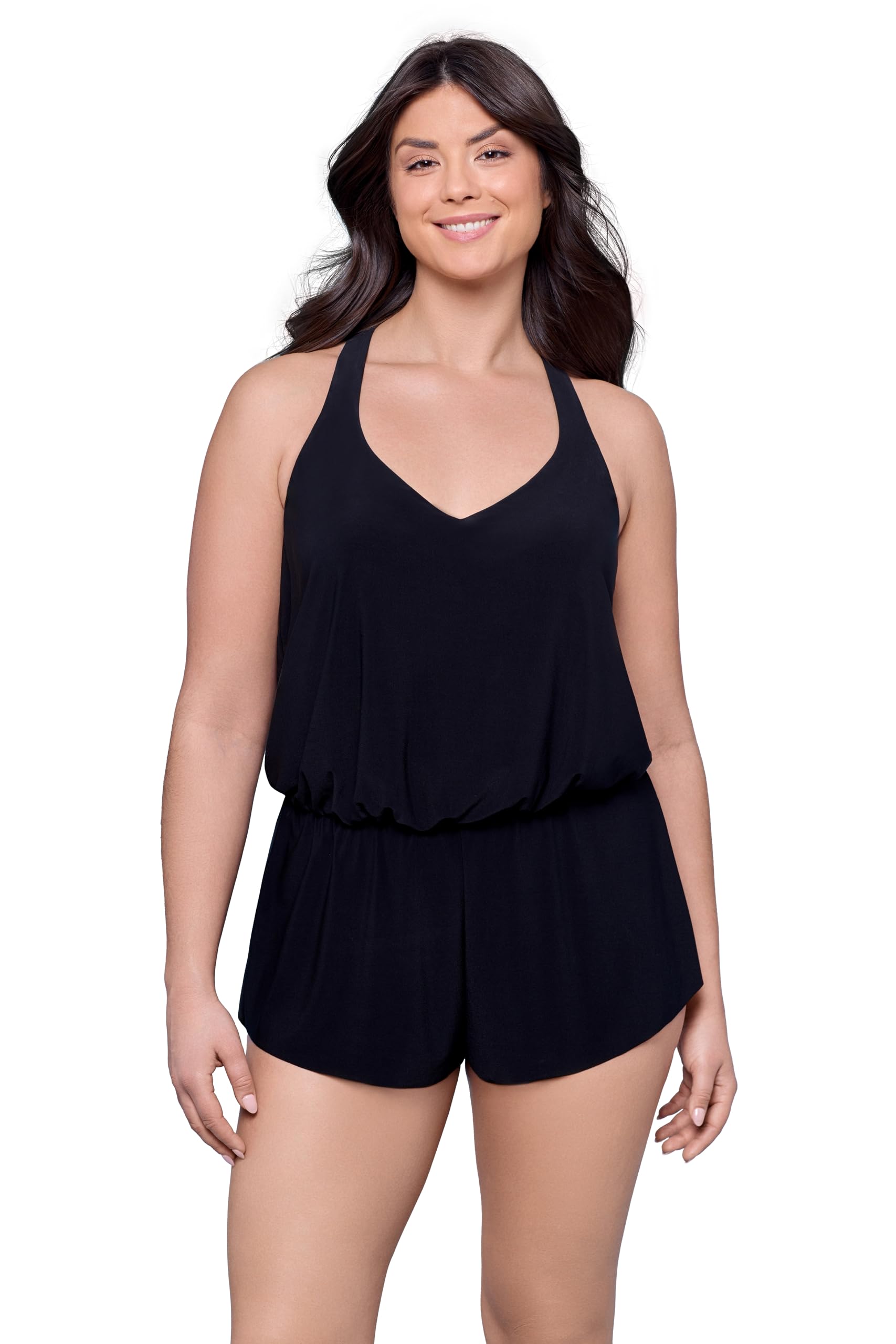 Aqua Green Womens V-Neck Full Coverage Racerback Swim Romper with Pockets