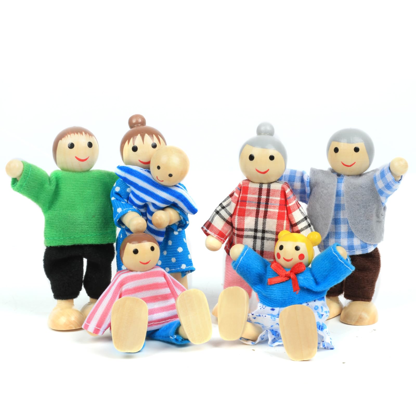 Lifreer Dolls House Accessories, Wooden Dolls Sets of 7 People, Doll House Figures, Doll House Furniture