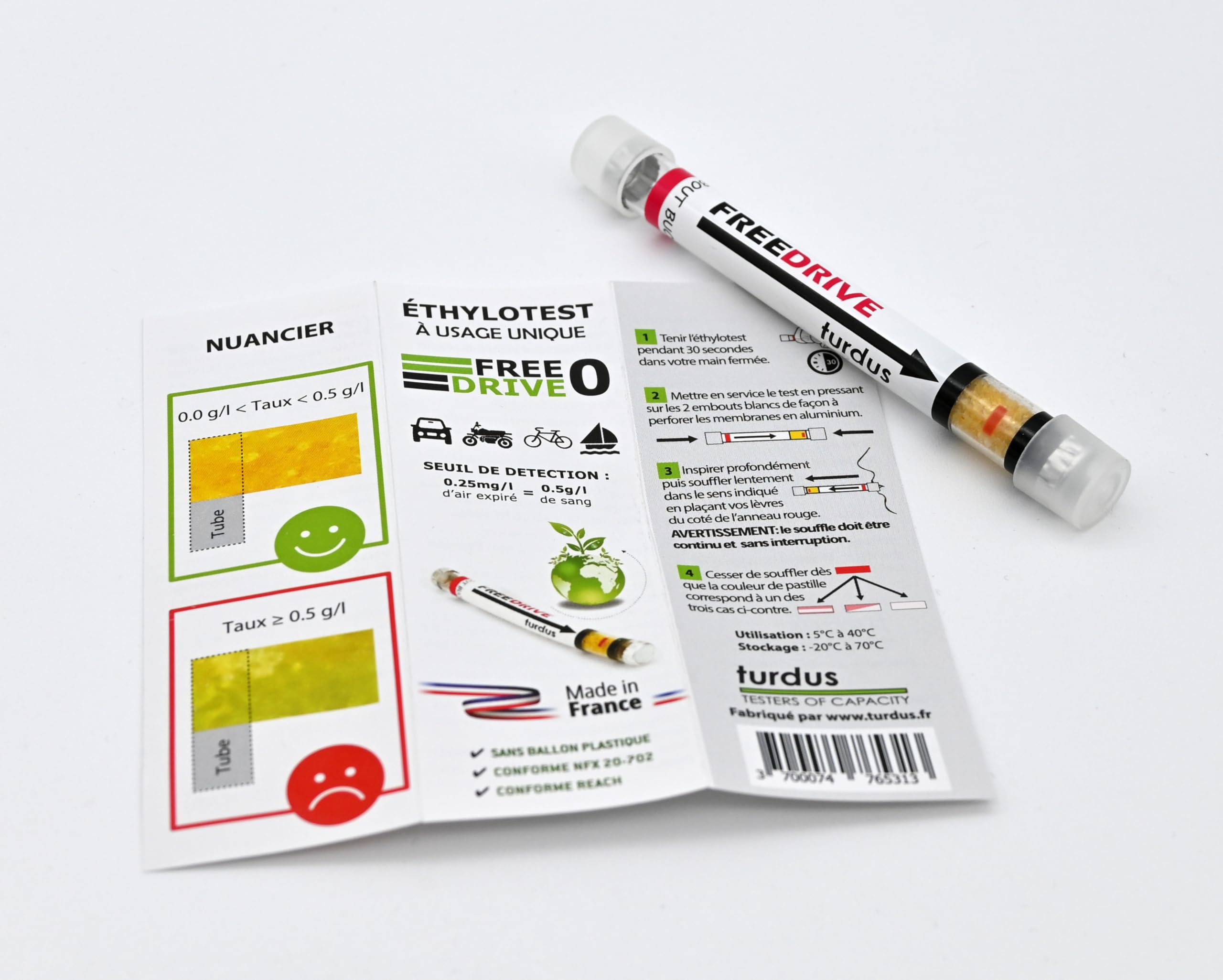 Ethylotest alcootest Turdus (Lot de 50) - Test Alcool sans Ballon & à Usage Unique, Certification NF 0,5g/l [ Ethylotest jetable ] (x50)