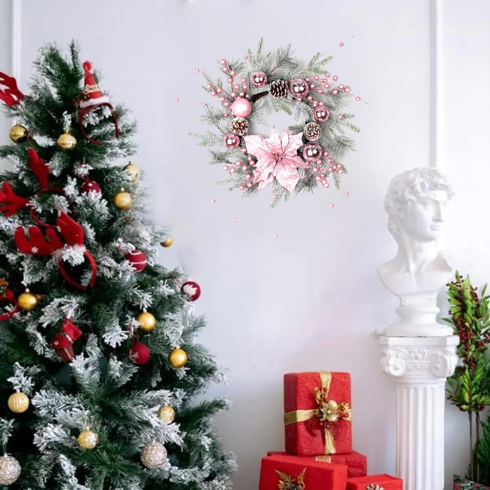 Weihnachtskranz, 50, 8 cm, künstliche Weihnachts-Türdekoration, Kranz mit Tannenzapfen, Kugeln, Tannennadeln und roten Beeren für Tür, Fenster, Outdoor, Heimdekoration