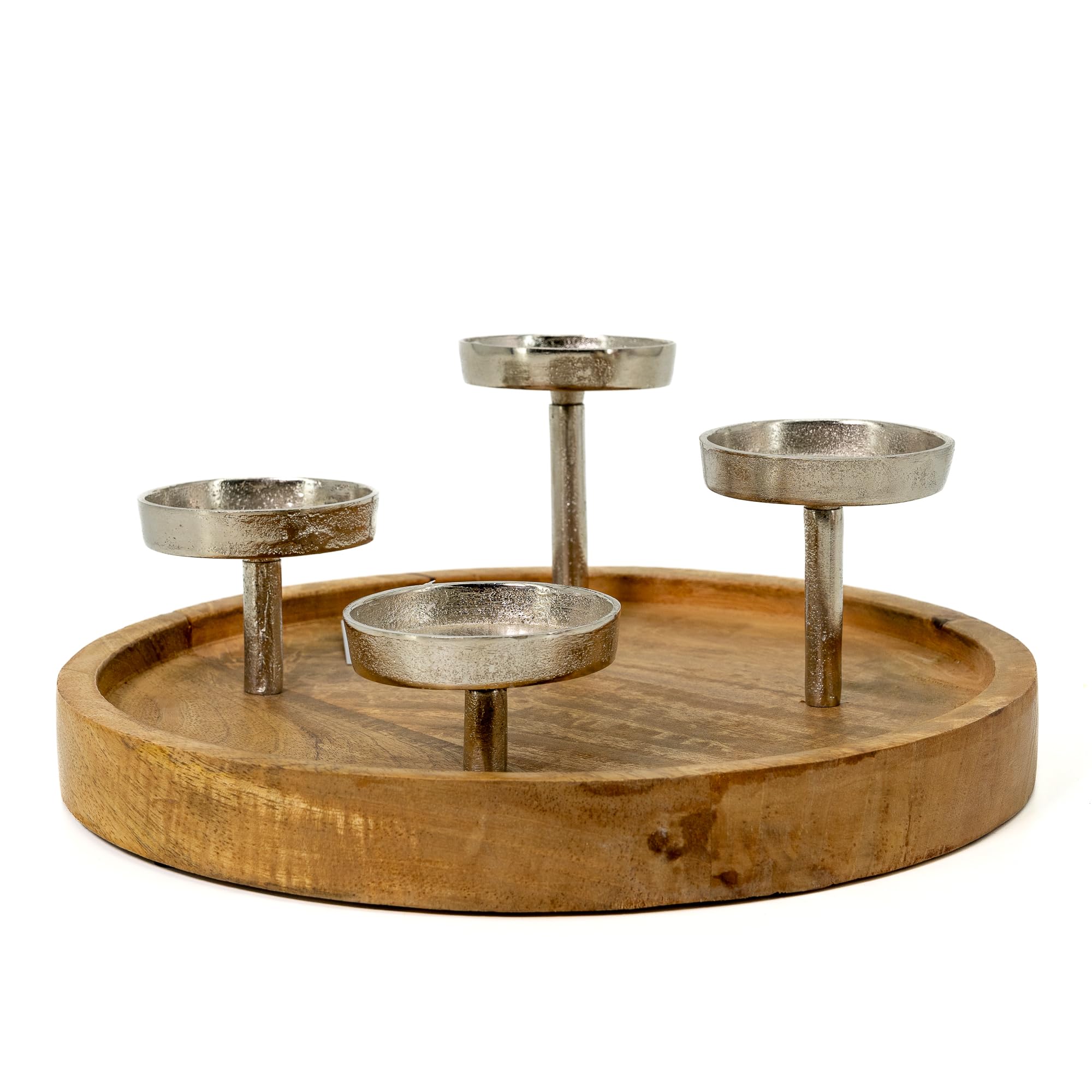 Mango-Holz und Metall Kerzenhalter rund Silber Ø 30cm für Vier große Stumpen-Kerzen Tisch-Deko Advent-Kerzenständer