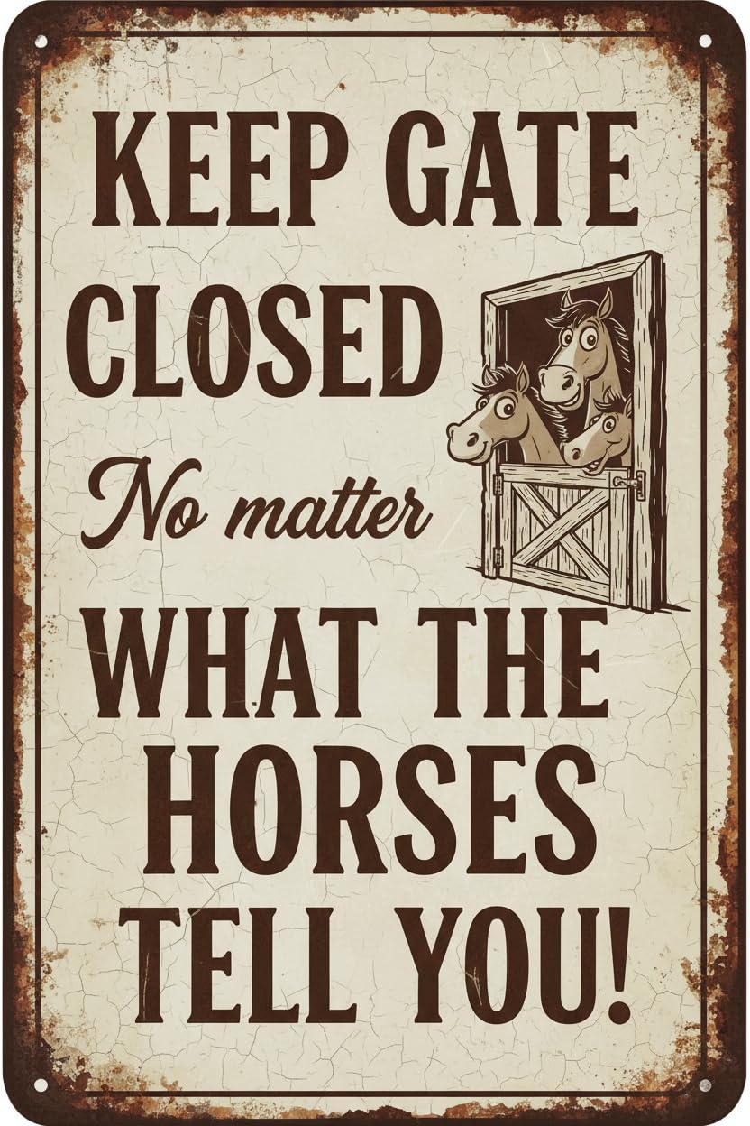 Keep Gate Closed No Matter Horses Say Tin Sign, 8x12 Inch