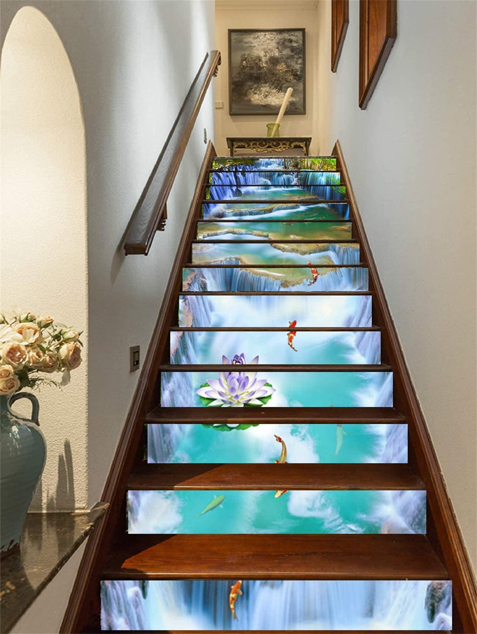 Flfk G1174 13Pcs Stair Risers Stickers Peel And Sick 39.37"X7.08",Self-Adhesive Staircase Stickers Decals, Lotus Pond Fish Mural Wallpaper For Stair Steps