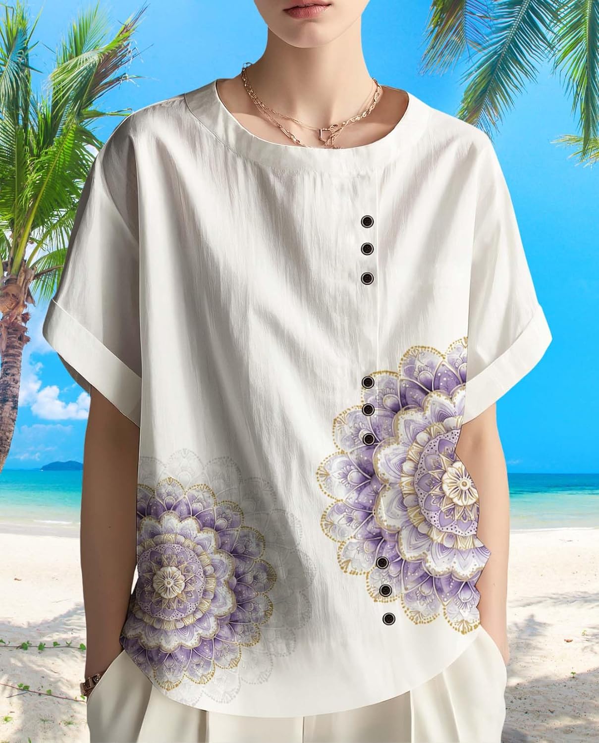 2025 Summer Linen Boho Shirts for Women Floral Print Blouse with Button Round Neck Short Sleeve Relaxed Draped Tops - Image 4