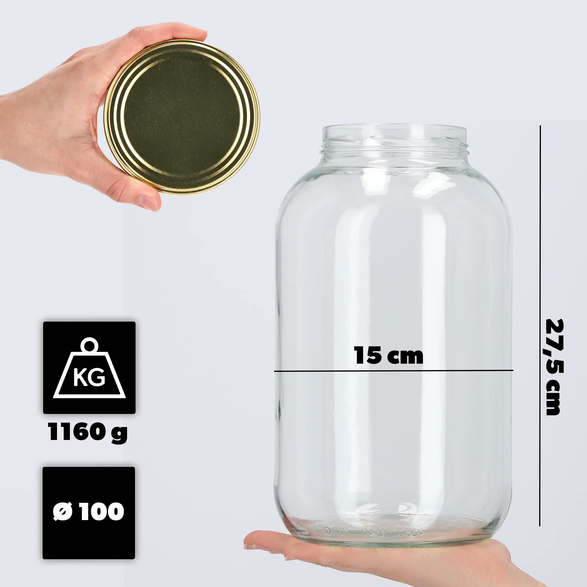 KADAX Set di 12 Barattoli in Vetro 4L con Coperchio a Vite fi100mm per Cetrioli, Kombucha, Kimchi | Vasi Conserva Apertura Larga per Fermentazione e Sottaceti (Dorato)