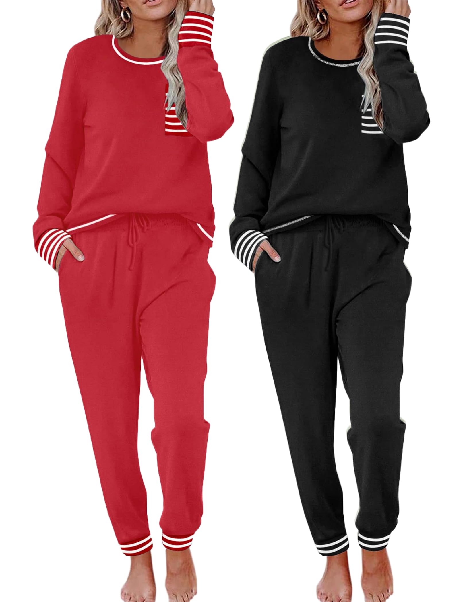 Ekouaer 2 Pack Womens Pajama Sets Long Sleeve Lounge Sets Soft Pj Loungewear Sleepwear