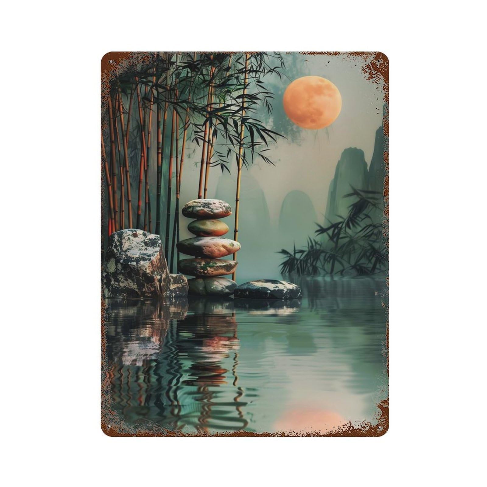 Garage Style Zen Garden Moon Decorative Tin Sign 15.7"x11.8", Farmhouse Wall Decor for Bar And Workshop