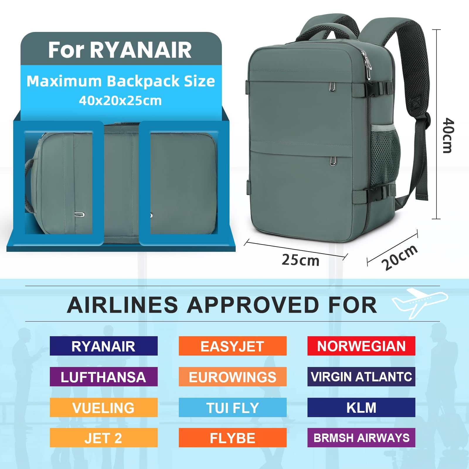 Cmezevi Zaino Ryanair 40x20x25, Zaino da Viaggio Aereo Bagaglio a Mano Cabina 20L, Zaino Sottovuoto Viaggio, Zaino Porta PC, Borsa per Donne e Uomini per Scuola Lavoro Trekking - Verde
