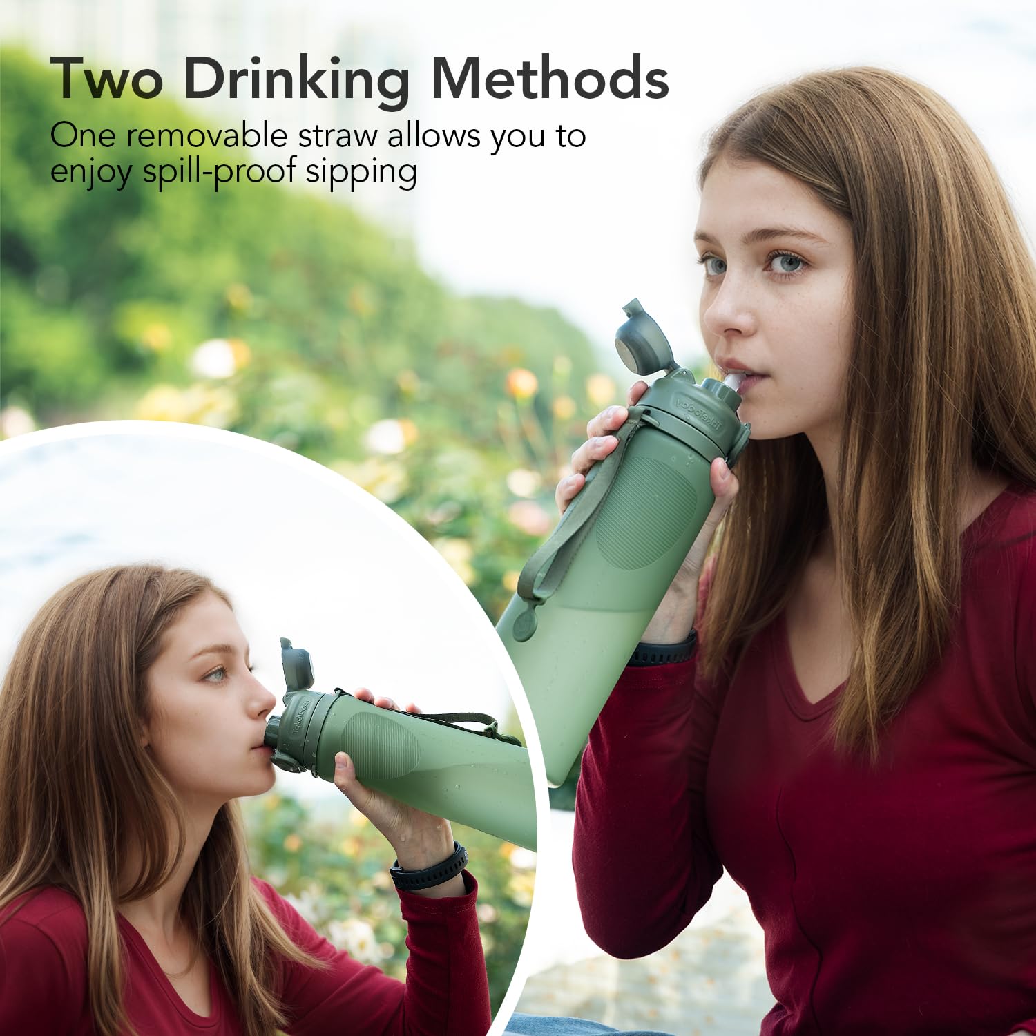 TakeToday Faltbare Silikon-Wasserflaschen, 900 ml, faltbare Reiseflasche mit Gurt, BPA-frei, auslaufsicher, für Wandern, internationale Reisen, Outdoor (grün)