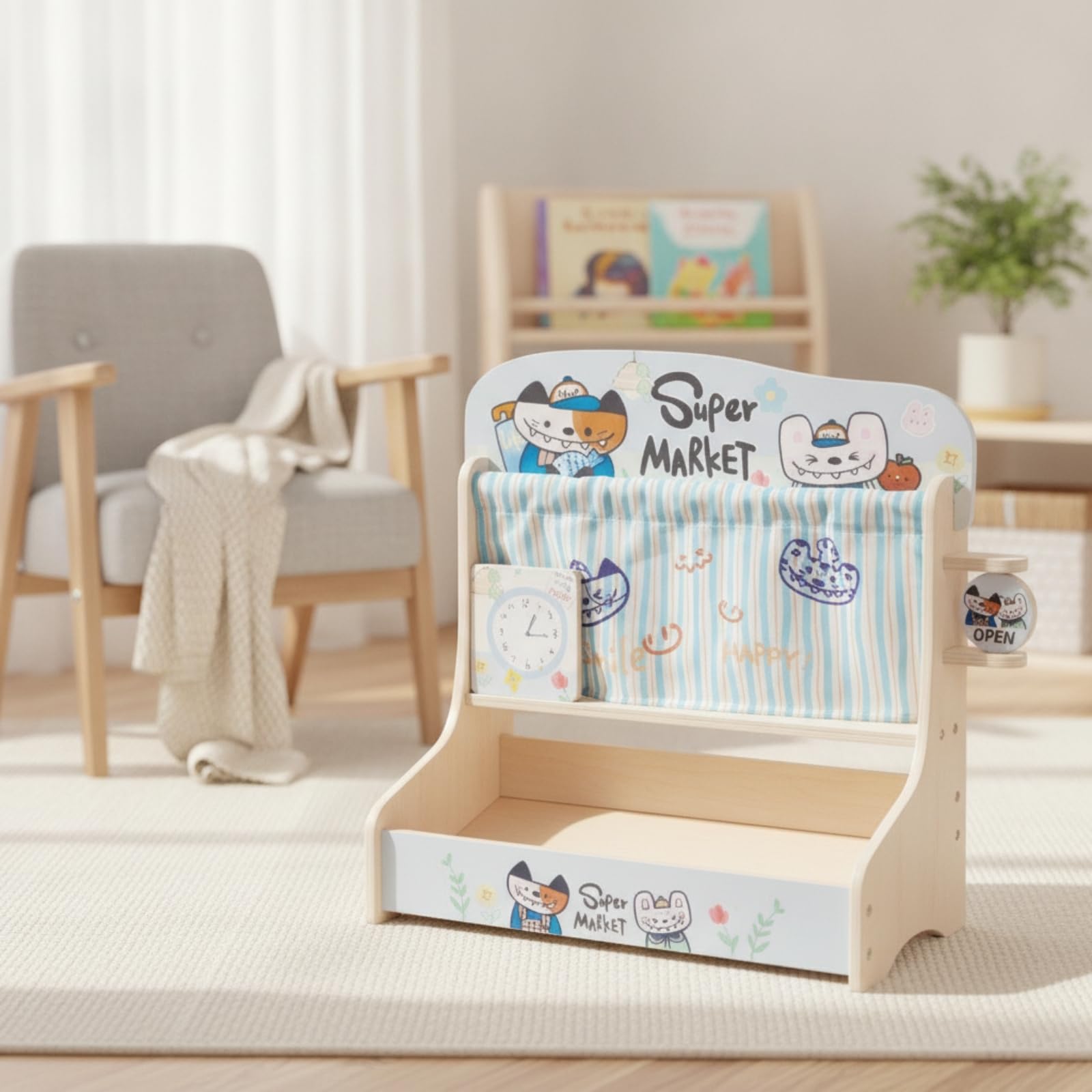 Juguete de Cocina para Niños Juego de Comida de Madera Alimentos Falsos de Madera Caja con Asas Cuchillo Infantil Piezas para Servir Estilo Dibujos