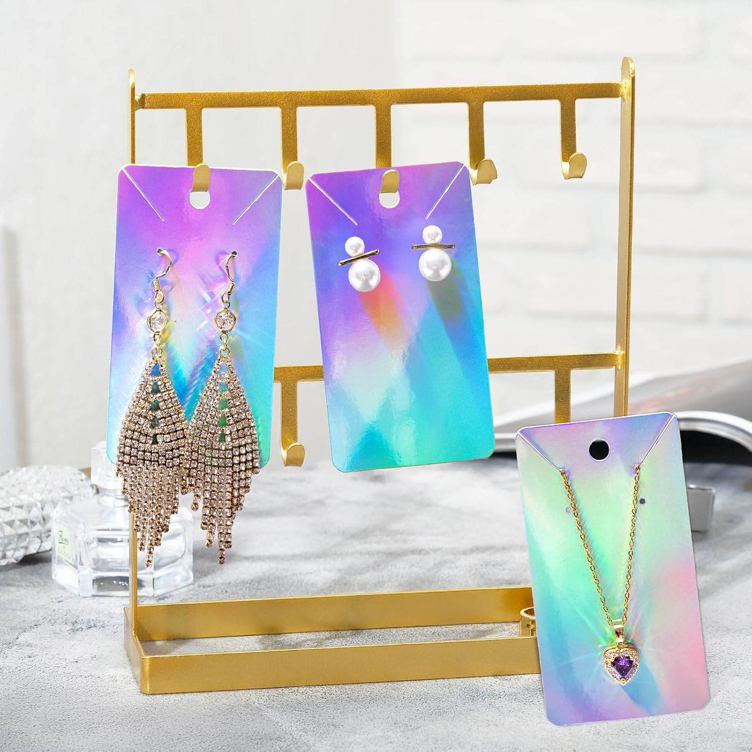 joycraft 100Pcs Holographic Necklace Display Cards, Paper Ear Studs Display Cards,Personalized Jewelry Tags for Selling, Hanging Earring and Necklace, DIY Crafts, and Retail(3.5"x2.4")