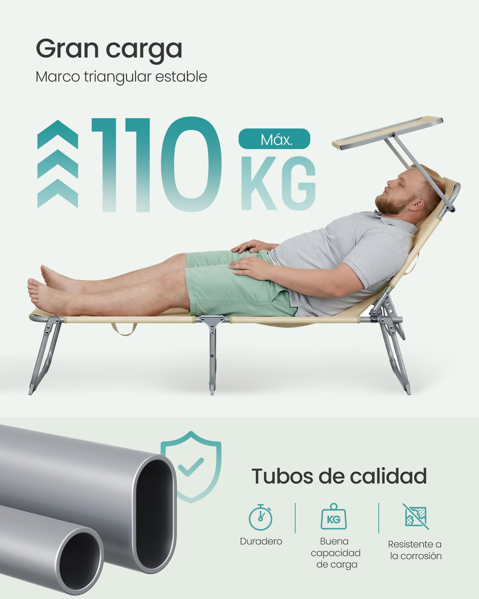 SONGMICS Tumbonas Plegables, 189 x 53 x 28,5 cm, Juego de 2 Tumbonas para Jardín, Cada Una con Carga 110 kg, con Parasol y Respaldo Ajustables, para Terraza y Balcón, Beige GCB294WZ02