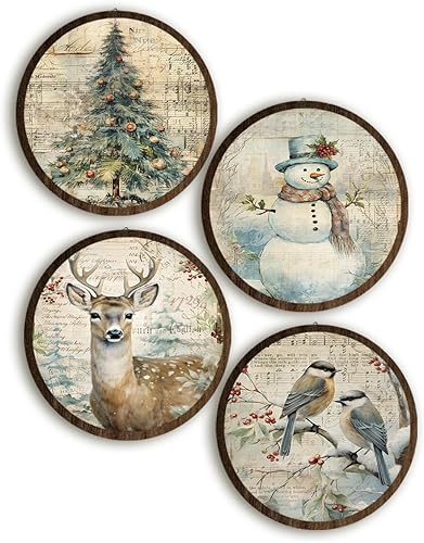 BIWSHA Decoración de pared de Navidad rústica vintage de invierno, árbol de Navidad, muñeco de nieve, reno, pájaro, vacaciones, decoración redonda