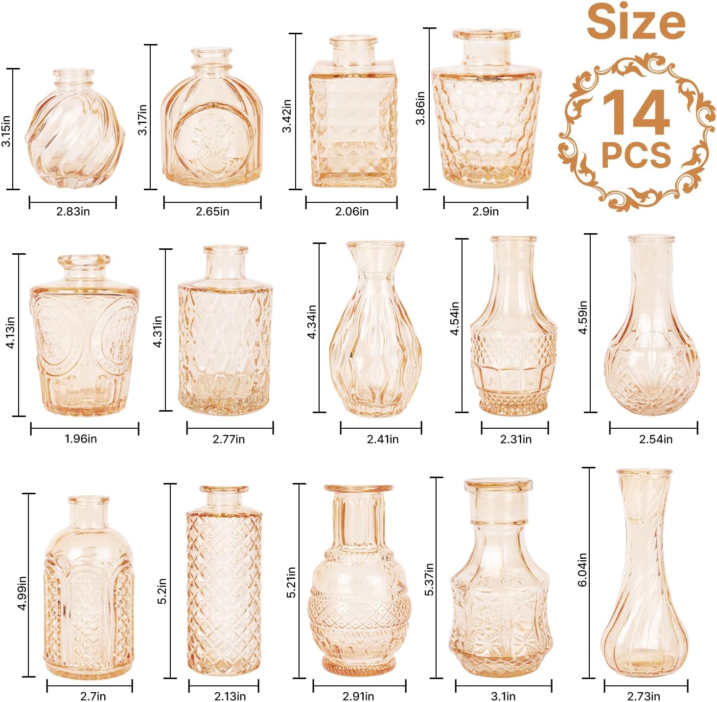 Clear Amber Gold Glass Bud Vase Set of 14 Pcs,Small Bud Vases in Bulk,Glass Crystal Flower Vases Table Centerpieces for Party Event Wedding Decor Baby Shower Decorations (Amber Gold, 14 Pcs)