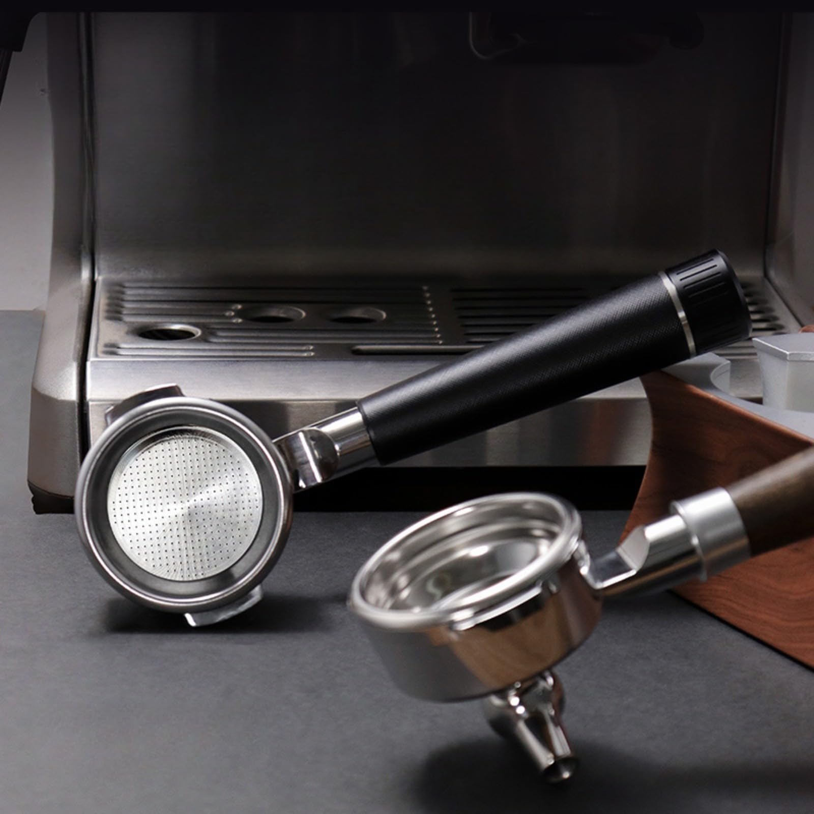 58 mm Kaffee-Siebträger für Breville 9 Serie mit Filterkorb, Espresso-Griff aus 304 Edelstahl, Holzgriff, leicht zu reinigen, abnehmbares Kaffeezubehör (A)